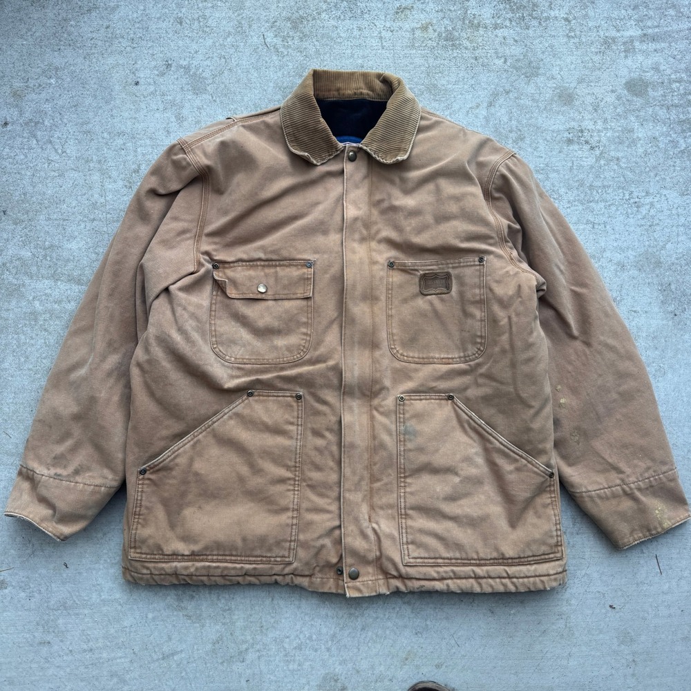 Vintage Big Smith Mens Duck Canvas Chore Coat Tan Brown Corduroy Collar XL
